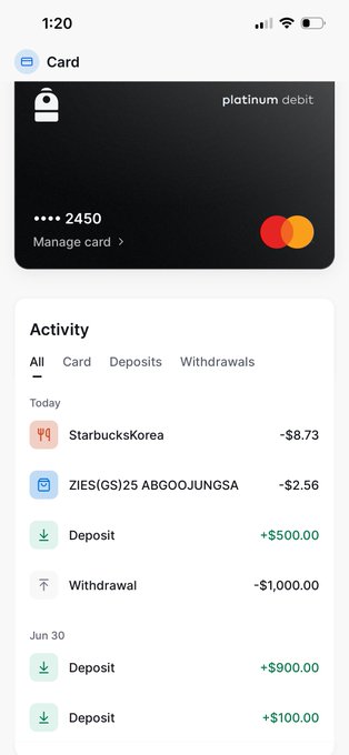 A screenshot of the Backpack Card app showing a platinum debit card with the activity history, displaying today's transactions including a Starbucks Korea purchase for -$8.73, a purchase at ZIES(GS)25 ABGOOJUNGSA for -$2.56 (the ₩3,900 drink mentioned in the post), a $500 deposit, and a -$1,000.00 withdrawal, along with earlier deposits of $900.00 and $100.00 from June 30. The image directly illustrates the post's account of testing the crypto debit card in Korea, showing the smooth foreign currency conversion from Korean won transactions to USD debits.