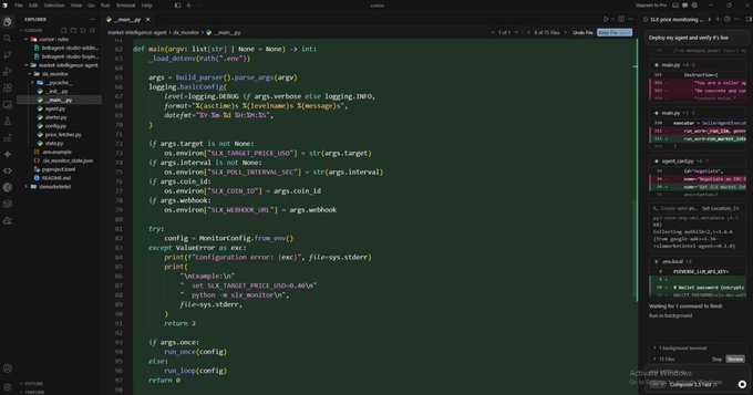 A code editor (VS Code) showing Python code with a terminal panel on the right side.
