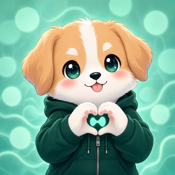 An adorable anime-style illustration of a puppy with big teal eyes and orange and white fur, wearing a green hoodie and making a heart shape with its paws against a teal polka-dot background.
