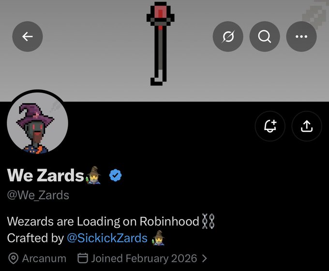 The image shows a Twitter/X profile page for "We Zards" (@We_Zards), featuring a pixel art wizard avatar and a hat graphic as the banner, with the bio stating "Wezards are Loading on Robinhood" and "Crafted by @SickickZards." This directly illustrates the accompanying post's announcement of the early NFT collection of 3,333 Wezards launching on Robinhood, created by SickickZards.