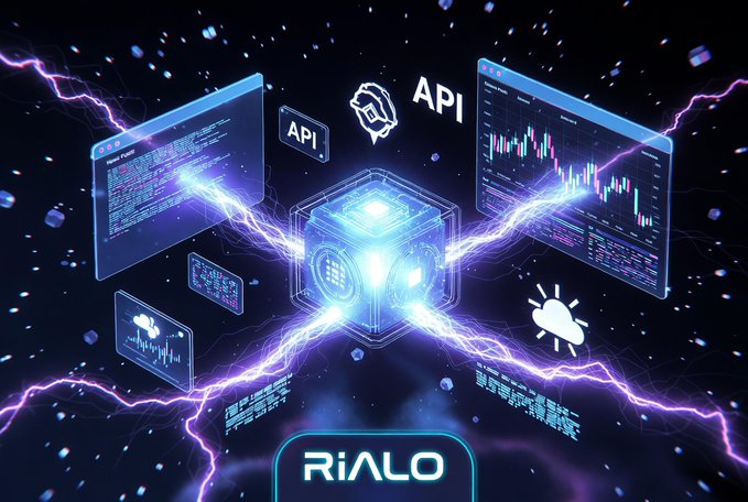 A futuristic digital artwork showcasing the 'RIALO' logo at the bottom, with API interfaces, trading charts, and a glowing blue cube connected by purple lightning against a dark space-like background.