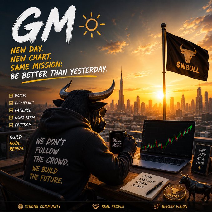 A bullish bull character overlooks a city skyline at sunrise, with a laptop displaying a stock chart and a flag bearing the ticker "$WBULL," reinforcing the post's message of consistency and building the future. The image's theme of ambition and growth aligns with the provided ticker and motivational text.