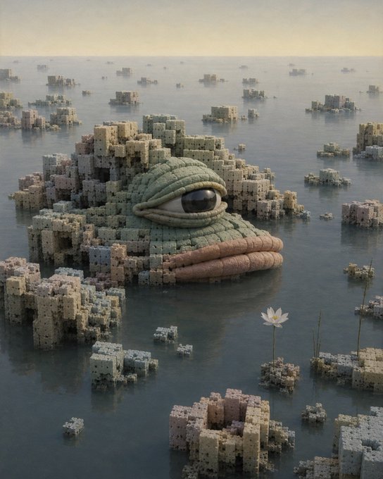 A surreal 3D-rendered scene featuring a large stone frog head surrounded by cube-shaped structures floating in calm water under a hazy sky.