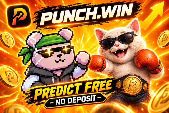 The image is a vibrant promotional banner for "PUNCH.WIN," featuring a pixel-art bear fighter and a cool sunglasses-wearing cat in red boxing gloves, surrounded by gold "P" coins with text reading "PREDICT FREE - NO DEPOSIT."

This ties directly to the post about PUNCH as a prediction market exchange, using the playful boxing theme to visually reinforce the concept of "fighting" or competing on market predictions (like BTC's price movement) without requiring any deposit.