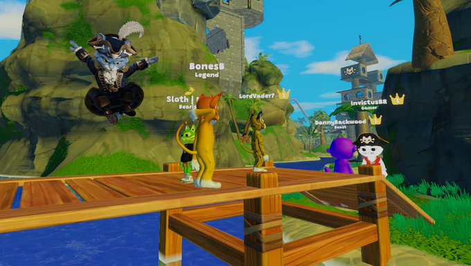 A screenshot from a multiplayer game showing various cartoonish characters (labeled BonesB, Sloth, LordVader9, DannyBlackwood, Invictus88) on a wooden platform in a tropical setting.