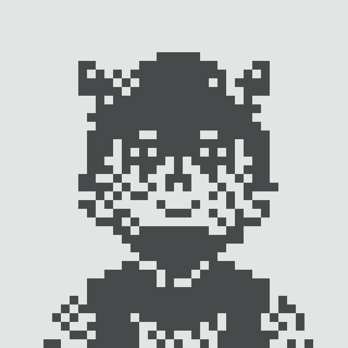 A dark pixel art portrait of a character with animal-like ears on a white background.