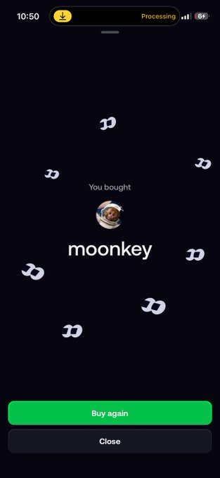 A mobile app screen shows a confirmation message reading 'You bought moonkey' accompanied by a circular avatar and floating ghost-like icons, with a green 'Buy again' button below.