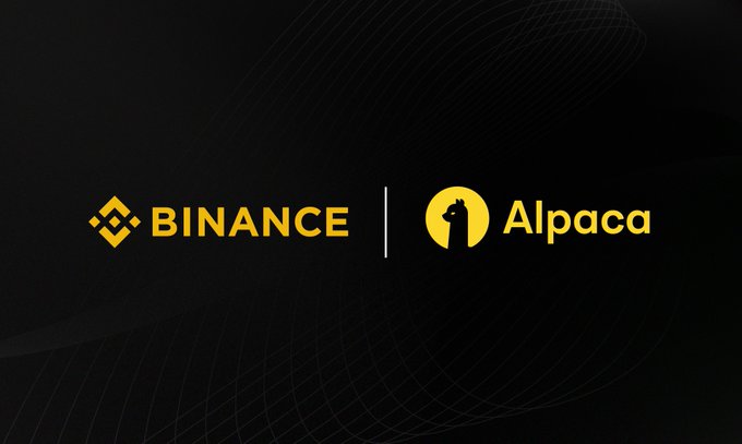 A dark banner shows the Binance logo next to the Alpaca logo in gold, separated by a vertical line, indicating a partnership between the cryptocurrency exchange and the trading platform.