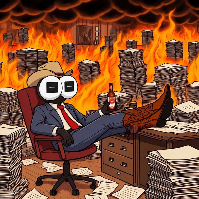 A cartoon figure in a suit and cowboy hat reclines at a desk holding a hot sauce bottle amid stacks of papers, while large flames fill the room behind him.