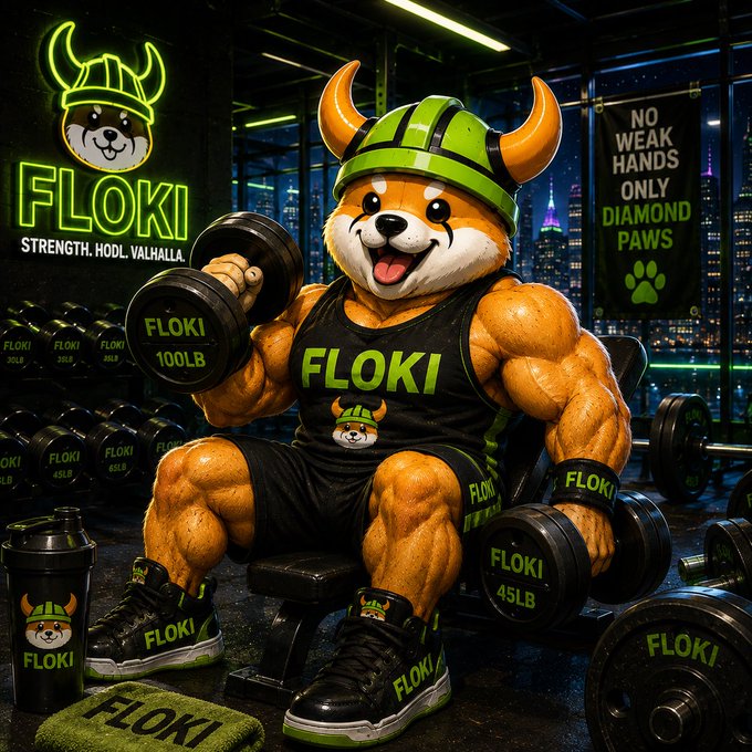 A muscular Shiba Inu wearing a Viking helmet and "FLOKI" branded tank top hoists a 100LB dumbbell in a neon-lit gym, surrounded by branded weights, banners reading "FLOKI STRENGTH. HODL. VALHALLA" and "NO WEAK HANDS ONLY DIAMOND PAWS," reinforcing the post's theme of strong-handed conviction and tightening supply in $FLOKI.