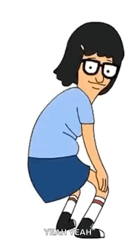 The image features a cartoon character wearing glasses and a blue shirt, sitting down with her legs crossed and holding her hands together. The caption of the image reads "yeah dude", which could be interpreted as a response or reaction from the character. The background is white, making it easy to focus on the character and her pose.