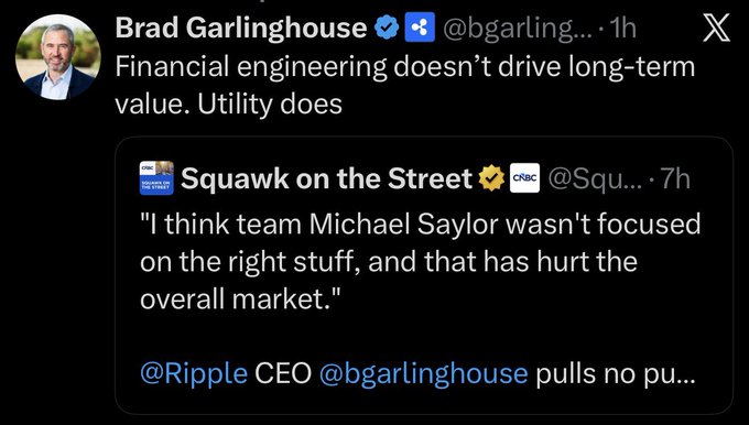 A tweet from Brad Garlinghouse (@bgarlinghouse) states "Financial engineering doesn't drive long-term value. Utility does," quoting a CNBC Squawk on the Street clip where he criticizes "team Michael Saylor" for not focusing on the right stuff, reinforcing his stance that utility—not financial engineering—drives long-term value, which aligns with the post's claim that he believes $XRP will achieve high long-term value while $BTC will lose value.