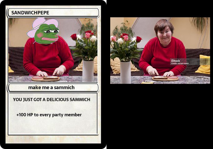 A side-by-side comparison showing an iStock stock photo of a woman making a sandwich on the right, paired with a meme card on the left titled 'SANDWICHPEPE' featuring a Pepe the Frog face edited onto the same woman, advertising 'make me a sammich' and '+100 HP to every party member'.