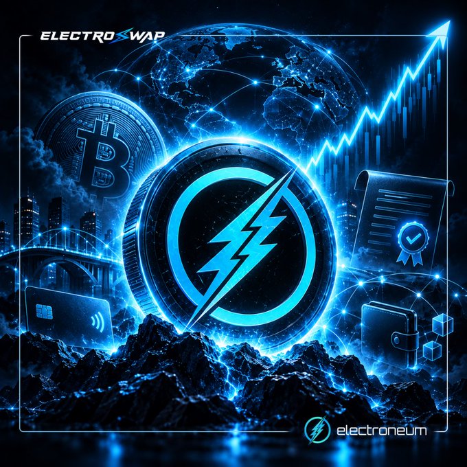 A futuristic blue digital graphic for 'ElectroSwap' featuring a central lightning bolt coin logo, a Bitcoin symbol, and an upward-trending chart.