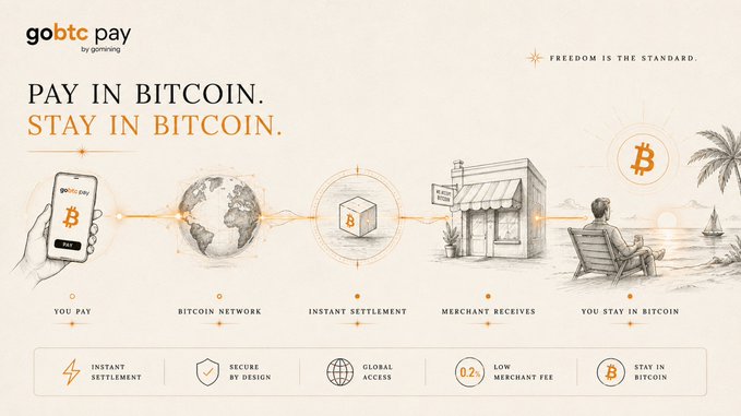 A promotional graphic for "GoBTC Pay" by Goming, with the tagline "PAY IN BITCOIN. STAY IN BITCOIN." and "FREEDOM IS THE STANDARD." It illustrates a five-step flow—You Pay, Bitcoin Network, Instant Settlement, Merchant Receives, You Stay in Bitcoin—alongside feature icons highlighting Instant Settlement, Secure by Design, Global Access, 0.2% Low Merchant Fee, and Stay in Bitcoin, visually reinforcing the post's message that GoBTC Pay lets users spend Bitcoin without converting it to fiat.