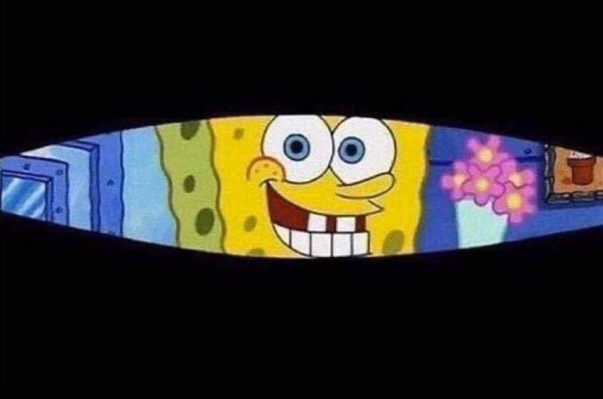 The image shows a meme featuring SpongeBob SquarePants peeking through a narrow horizontal opening, his wide eyes and toothy grin suggesting eager anticipation. The accompanying post jokes about excitedly waking up a spouse to share an XRP cryptocurrency investment decision that was already made, with the SpongeBob peeking visually representing the eager, uninvited intrusion of a crypto enthusiast eager to share their financial choices with a sleeping partner.
