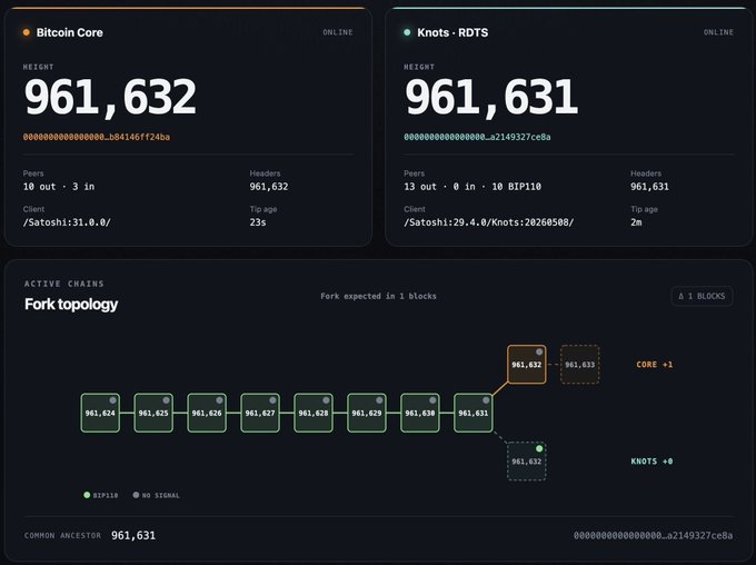 A Bitcoin fork monitoring interface showing Bitcoin Core at height 961,632 and Knots-RDTS at 961,631, both online, with an active chains fork topology diagram indicating a fork is expected in 1 block.