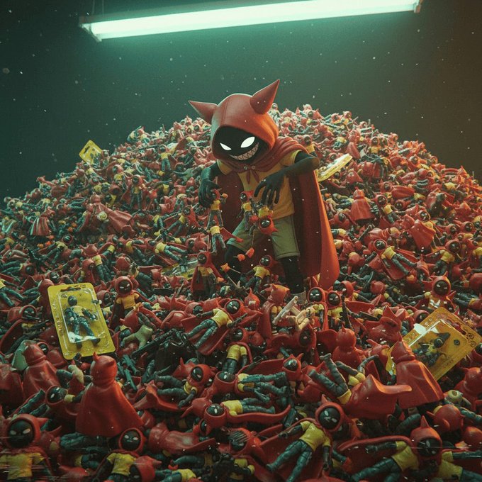 A large, menacing red-hooded creature with glowing white eyes and a wide, toothy grin stands atop a massive pile of small, toy-like red figures under the glow of a green overhead light.