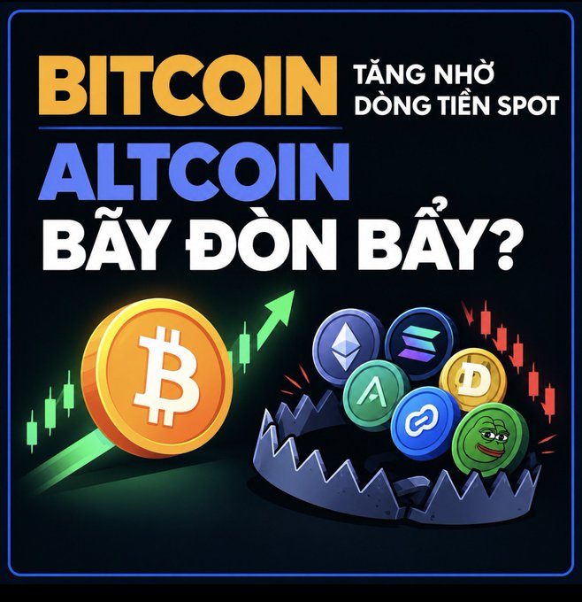 A graphic in Vietnamese discusses cryptocurrency, featuring text 'BITCOIN TĂNG NHỜ DÒNG TIỀN SPOT' and 'ALTCOIN BẪY ĐỐN BẪY?' alongside Bitcoin and various altcoin symbols emerging from a bear trap.