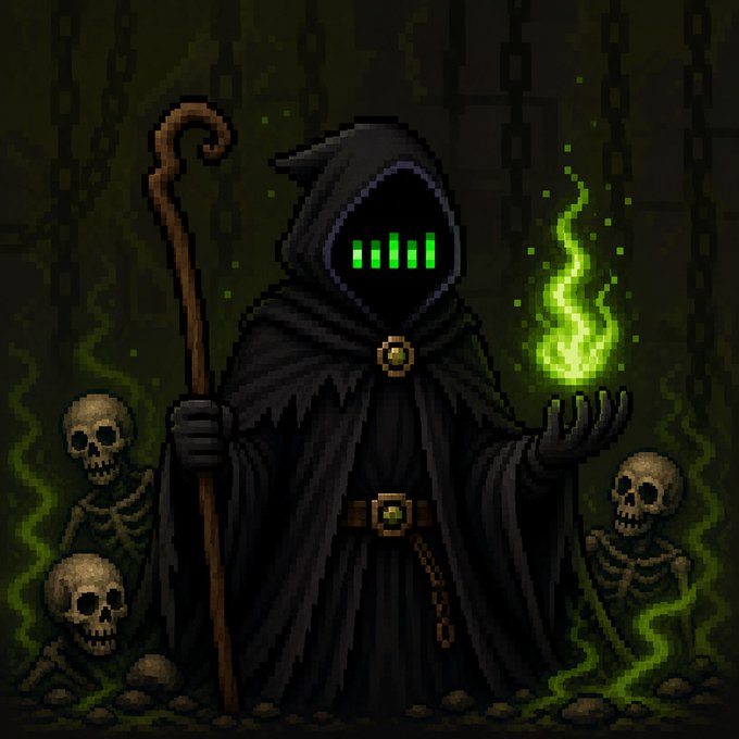 A hooded pixel-art sorcerer wielding a wooden staff conjures a glowing green flame in a dark dungeon flanked by skeletons, embodying the "Chainmancer" theme of the post announcing their new role as Collab Manager for MancerXYZ.