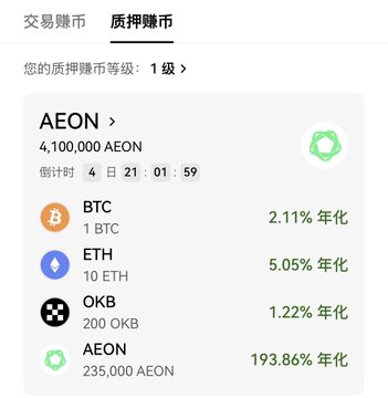 A Chinese-language cryptocurrency lending/earning interface (质押赚币) showing AEON as a tier 1 staking asset with 193.86% annualized yield, along with BTC (2.11%), ETH (5.05%), and OKB (1.22%).