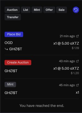 A dark-themed NFT marketplace interface showing Auction, List, Mint, Offer, and Sale tabs, with OGD and GHΩST listings priced at 5.00 oXTZ and 1.19-1.20 USD.