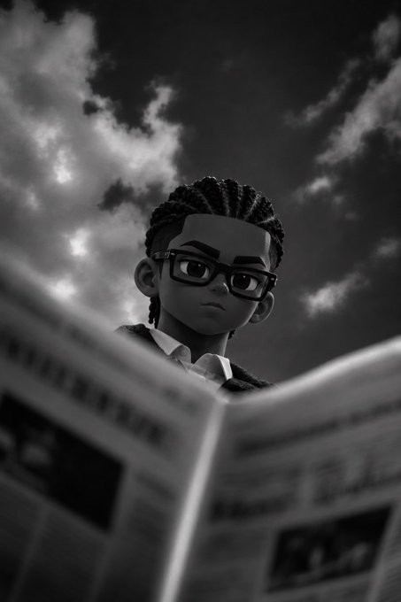A black-and-white stylized image shows a young boy with glasses and braided hair reading a newspaper against a dramatic cloudy sky.
