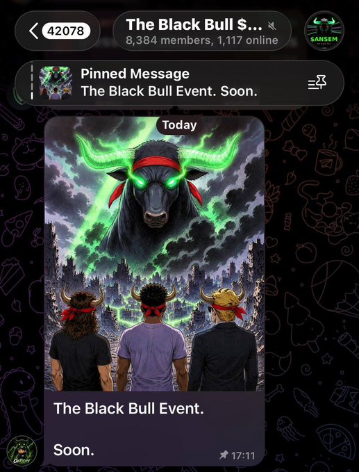 A Telegram group called "The Black Bull $" with 8,384 members shows a pinned message announcing "The Black Bull Event. Soon." The post features dramatic artwork of three figures wearing red headbands facing a giant green-horned black bull looming over a stormy city, fitting the poster's call to send both $ANSEM and $GMEBULL bulls "to Valhalla."