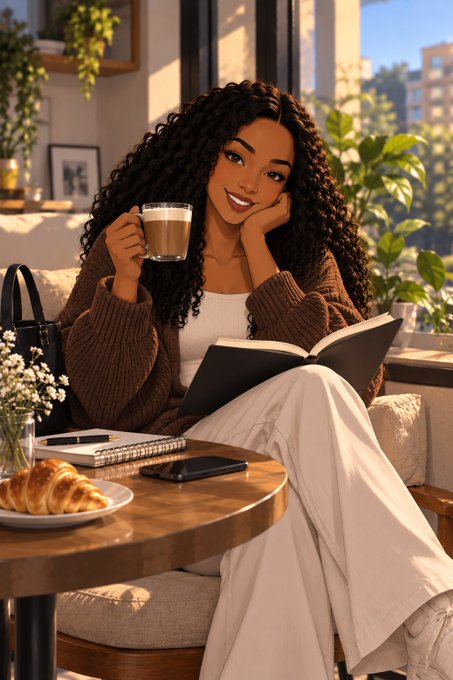 Anime-style illustration of a smiling woman with curly hair holding a latte and reading a book at a cafe table with croissants.