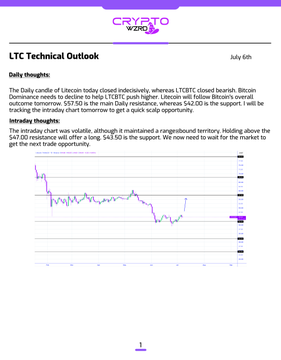 A "CryptoWiz" branded technical analysis report titled "LTC Technical Outlook" dated July 6th features a candlestick chart of Litecoin's price action, with daily insights noting that LTC closed indecisively as Bitcoin's decline impacted Litecoin's overall performance, with $57.50 as resistance and a key support zone at $43.50, while intraday highlights mention volatility and $47.02 as resistance and $43.50 as support.