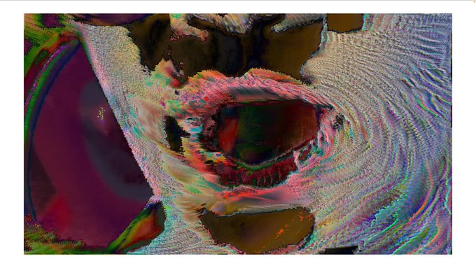 A glitchy, distorted image with chromatic aberration and digital artifacts, showing abstract shapes in green, purple, and red tones with no clear subject.