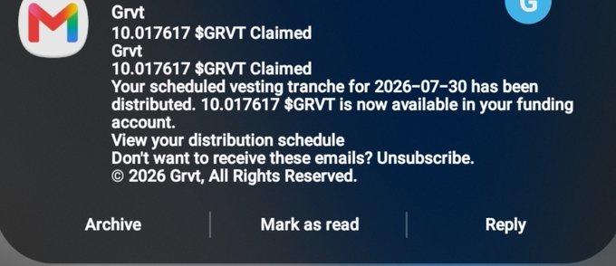 A Gmail notification from Grvt shows that a scheduled vesting tranche of 10.017617 $GRVT has been distributed to the user's funding account on 2026-07-30, supporting the accompanying post's mention of receiving and cashing out 10 $GRVT tokens at a heavily reduced value.