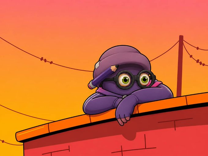 An animated illustration of a purple character with a beanie, large round glasses, and a pencil tucked behind its ear, leaning on a red rooftop against a sunset sky.