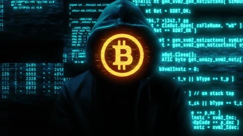 A hooded figure with a glowing orange Bitcoin logo for a face, set against a background of scrolling green code.