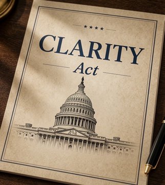 A vintage-style document titled "CLARITY Act" featuring an illustration of the U.S. Capitol building rests on a wooden desk beside a pen, symbolizing the urgent legislative push for the crypto bill. The aged paper design underscores the high-stakes nature of the Senate's impending deadline referenced in the post.