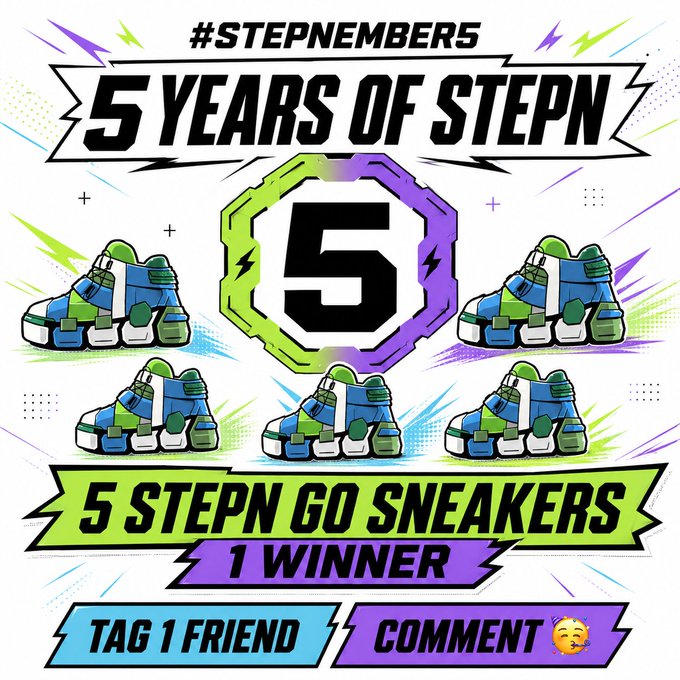 A promotional graphic celebrates '5 Years of STEPN' with the hashtag #STEPNEMBERS5, featuring five illustrated blue and green GO sneakers around a central '5' emblem, offering 5 STEPN GO sneakers to 1 winner for tagging a friend and commenting.