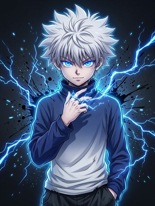 Anime-style digital artwork of a white-haired character with glowing blue eyes wearing a blue and white hoodie, surrounded by dramatic blue lightning effects on a dark background.