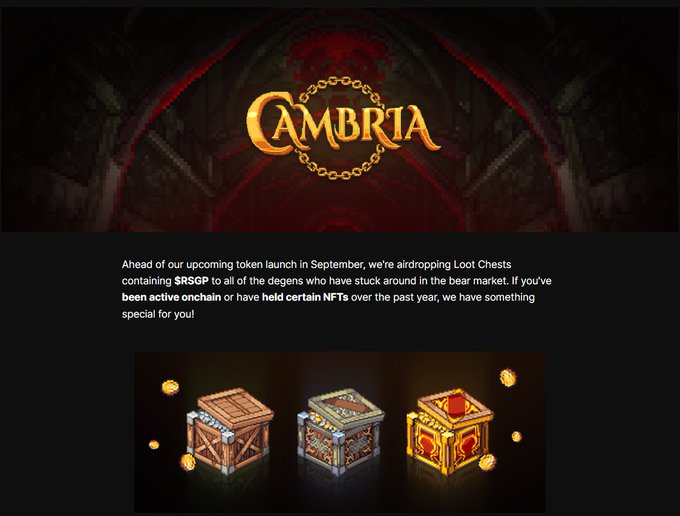 The image displays a promotional graphic for Cambria featuring a dark gothic-style banner with the "Cambria" logo encircled by a golden chain, announcing a September token launch that includes an airdrop of $RSGP Loot Chests to active community members. Below the text are pixel-art style treasure chests in bronze, silver, and gold tiers with floating coins, illustrating the loot rewards being offered to those who have been active onchain or held NFTs. This visually supports the post's note about the TGE delay to September, showcasing the team's effort to reward loyal holders during the extended wait.
