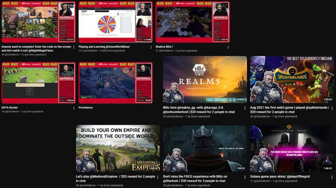 A Twitch streaming interface displays various gaming channels, including Blast Blast, with titles like "REALMS," "Splinterlands," and "Medieval Empires" alongside metrics showing small viewership numbers (1-3 viewers). The image supports the post's message about Web3 gaming's organic growth, showing that while these blockchain games like @AgeOfRealms, @splinterlands, and @playMedievalEmp have small but engaged audiences, developers must keep building for the inevitable adoption.
