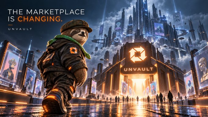 A futuristic digital artwork featuring a character in a cap and mask looking toward a glowing 'UNVAULT' building, with the text 'THE MARKETPLACE IS CHANGING.' and 'UNVAULT' visible.