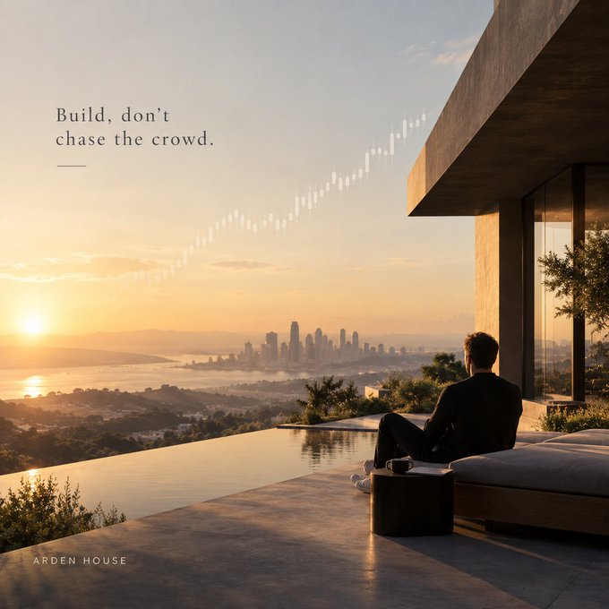 Inspirational image showing a person in a suit sitting on the edge of a modern house terrace overlooking a city at sunset, with the text 'Build, don't chase the crowd' and 'ARDEN HOUSE'.