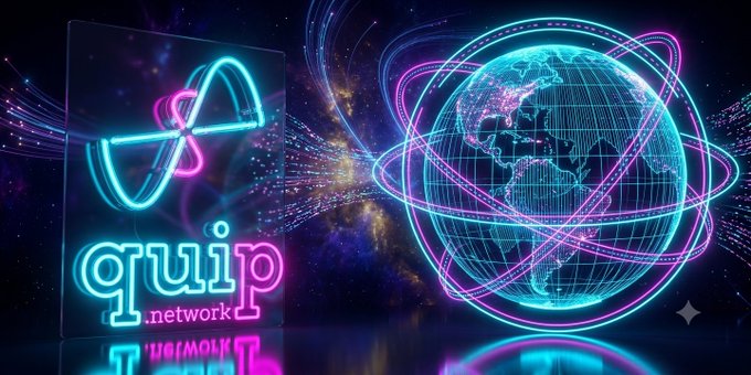 A neon-styled graphic featuring the "quip.network" logo with an atom symbol next to a glowing digital globe representing Earth in cyan and magenta.