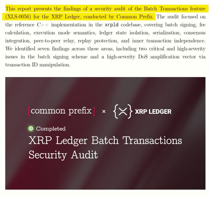 A security audit report for the XRP Ledger Batch Transactions feature (XLS-0056) conducted by Common Prefix, highlighting critical and high-severity issues. The highlighted text reads: 'This report presents the findings of a security audit of the Batch Transactions feature (XLS-0056) for the XRP Ledger.'