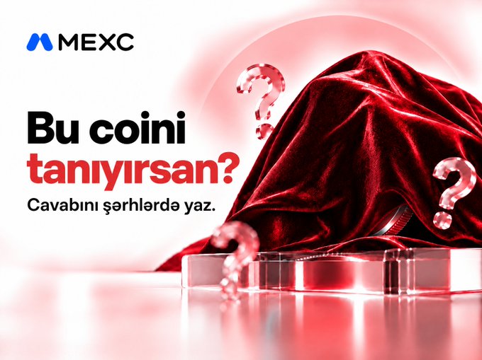 The image is a promotional graphic from MEXC featuring a mysterious red velvet-draped object on a pedestal with question marks, accompanied by the text "Bu coini tanıyırsan? Cavabını şərhlərdə yaz" (Azerbaijani for "Do you recognize this coin? Write your answer in the comments"), inviting users to guess the hidden cryptocurrency for a chance to win a 10 USDT bonus.