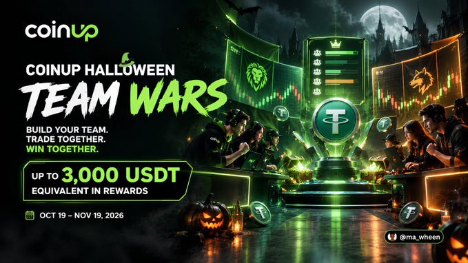 A promotional graphic for 'CoinUp Halloween Team Wars' with prize pool 'UP TO 3,000 USDT', scheduled Oct 19 - Nov 19, 2026, featuring Halloween-themed imagery with traders.