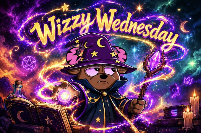A colorful digital artwork featuring a wizard character with a purple hat reading a spellbook, with the text 'Wizzy Wednesday' displayed prominently at the top.
