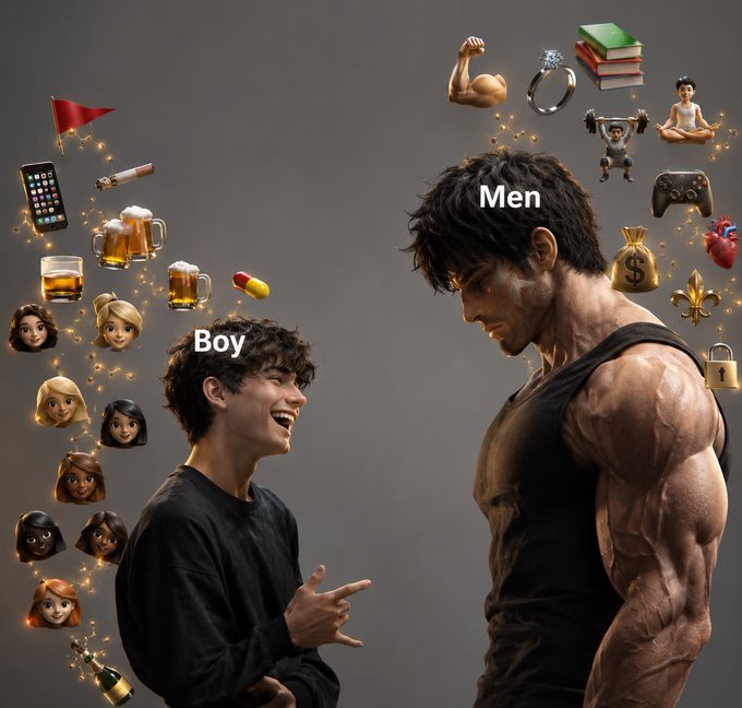 A side-by-side comparison illustration shows a smiling teenage boy on the left surrounded by emojis representing beer, a remote control, and various female faces, while on the right a heavily muscled man labeled "Men" is depicted with floating icons of books, weights, a diamond ring, money bags, and a game controller. The image humorously contrasts stereotypical "boy" versus "men" interests and maturity.