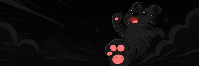 The image features a cartoon cat with pink paws, standing out against a black background. The cat appears to be running or jumping, giving the impression of motion. The caption below the image reads "I'M HERE #DEXSCREENER #SOLANA #PUMP". This suggests that the image is related to a social media post or a digital content creation platform where users can share their artwork and creations with others.