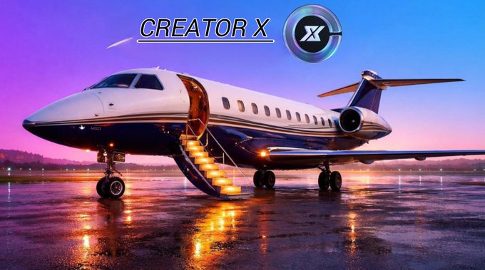 Thumbnail titled 'CREATOR X' showing a sleek private jet on a wet tarmac with illuminated boarding stairs against a sunset sky.