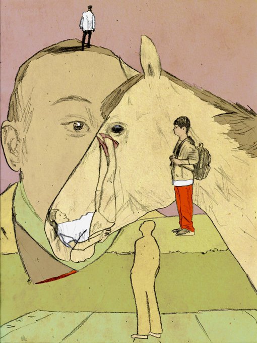 The image features a man's face, with a large white horse's head peeking out from behind his shoulder. The man has a backpack on, suggesting he might be traveling or exploring new places. The scene also includes other people present but not prominently featured in the image.